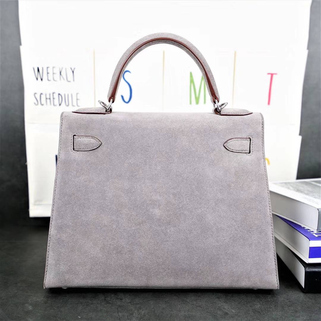 Hermes Kelly32CM 爱马仕8F锡器灰原厂顶级麂皮凯莉包 银扣