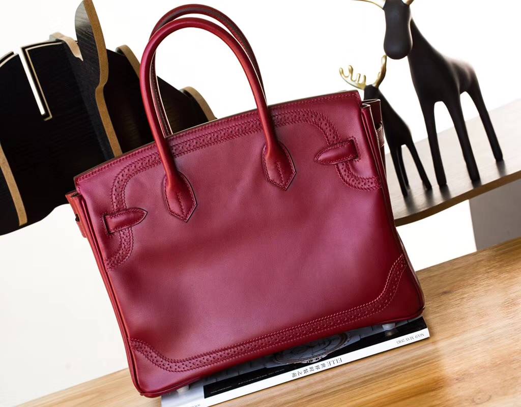 爱马仕蕾丝款铂金包 Hermes宝石红顶级Box牛皮Birkin30CM 金扣