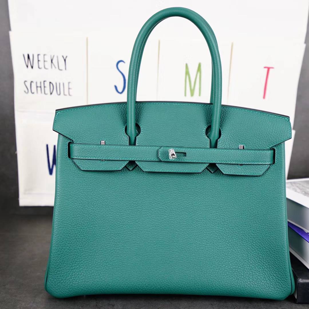 爱马仕Birkin包包 Hermes顶级Togo牛皮铂金包30CM Z6孔雀绿 金扣