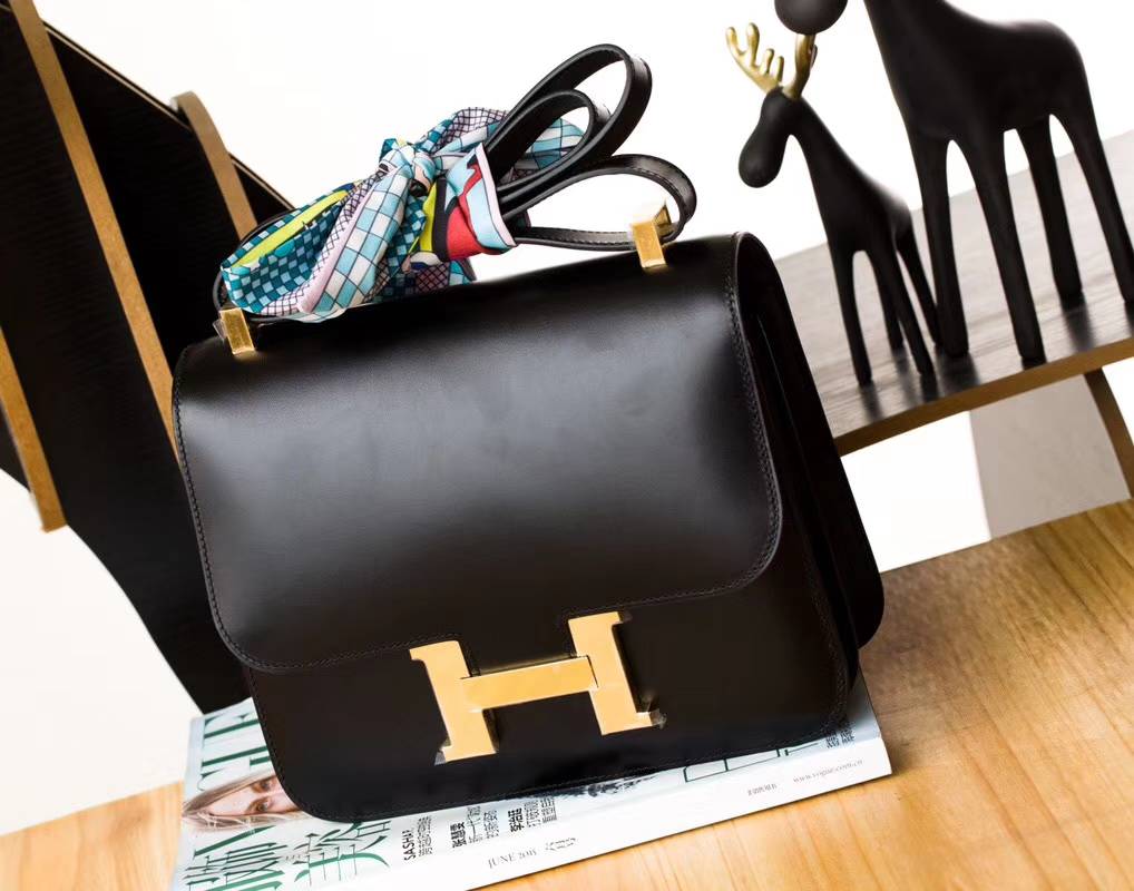 Hermes Constance24CM 爱马仕黑色原厂顶级Box牛皮康斯坦空姐包 金扣