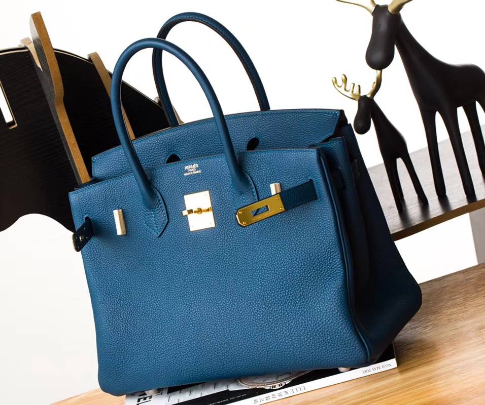 Hermes Birkin30CM 爱马仕加利西亚蓝顶级Togo牛皮铂金包 金扣