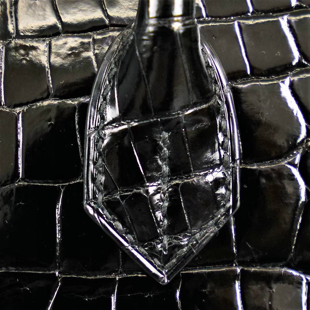 Hermes包包官网 爱马仕黑色亮面两点鳄鱼皮铂金包Birkin30CM 金扣