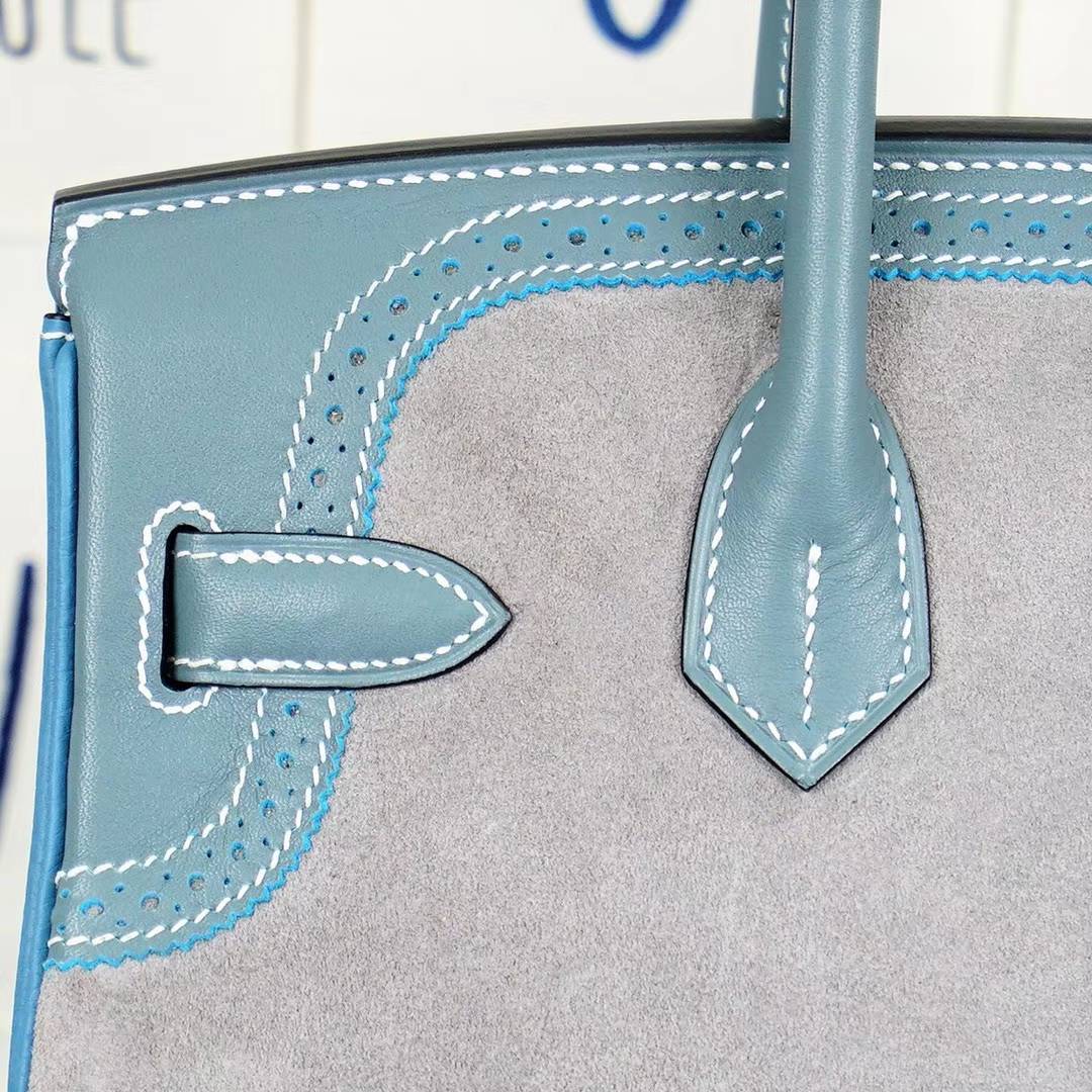 Hermes Birkin30CM 爱马仕牛仔蓝Swift皮拼Togo皮拼锡器灰麂皮铂金包30cm