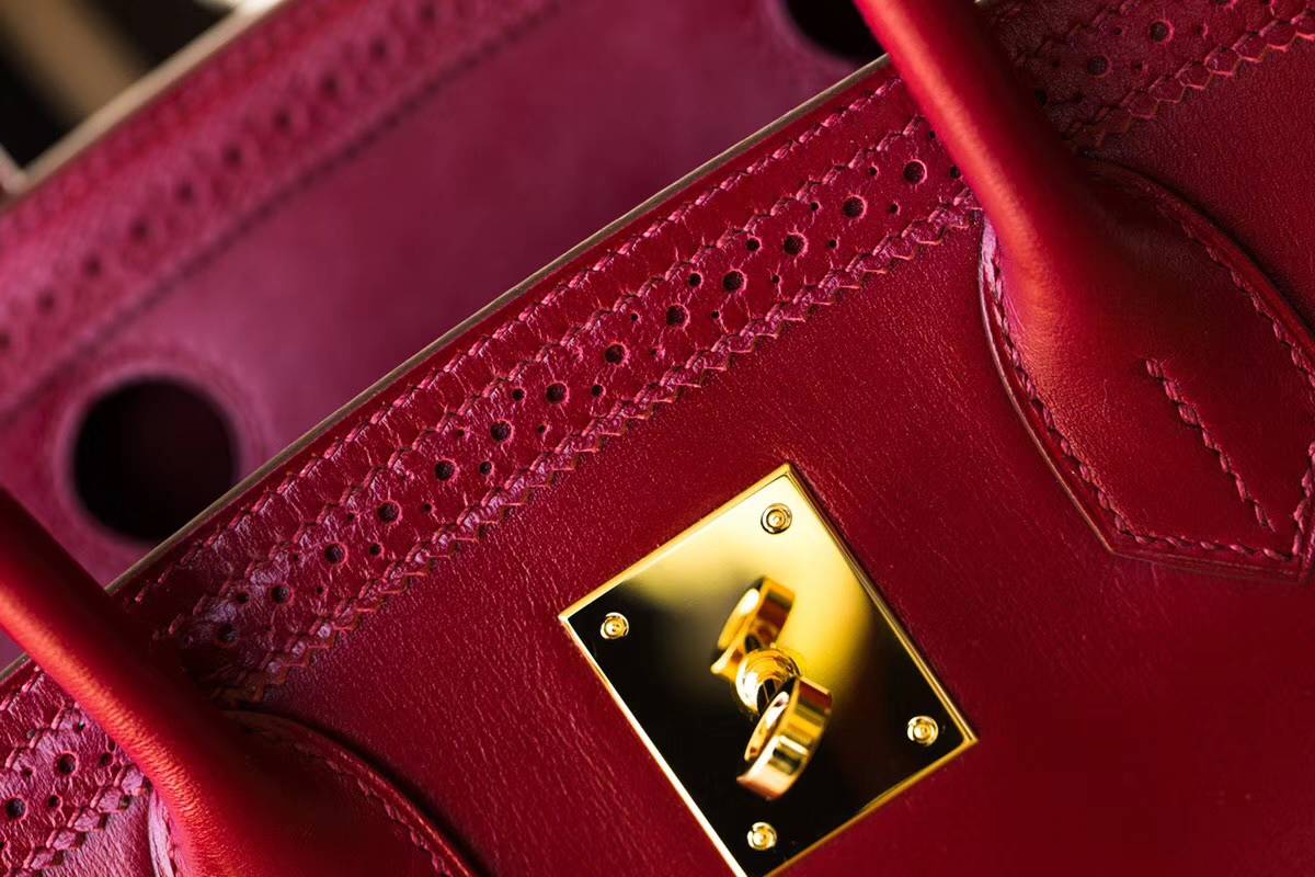 爱马仕蕾丝款铂金包 Hermes宝石红顶级Box牛皮Birkin30CM 金扣