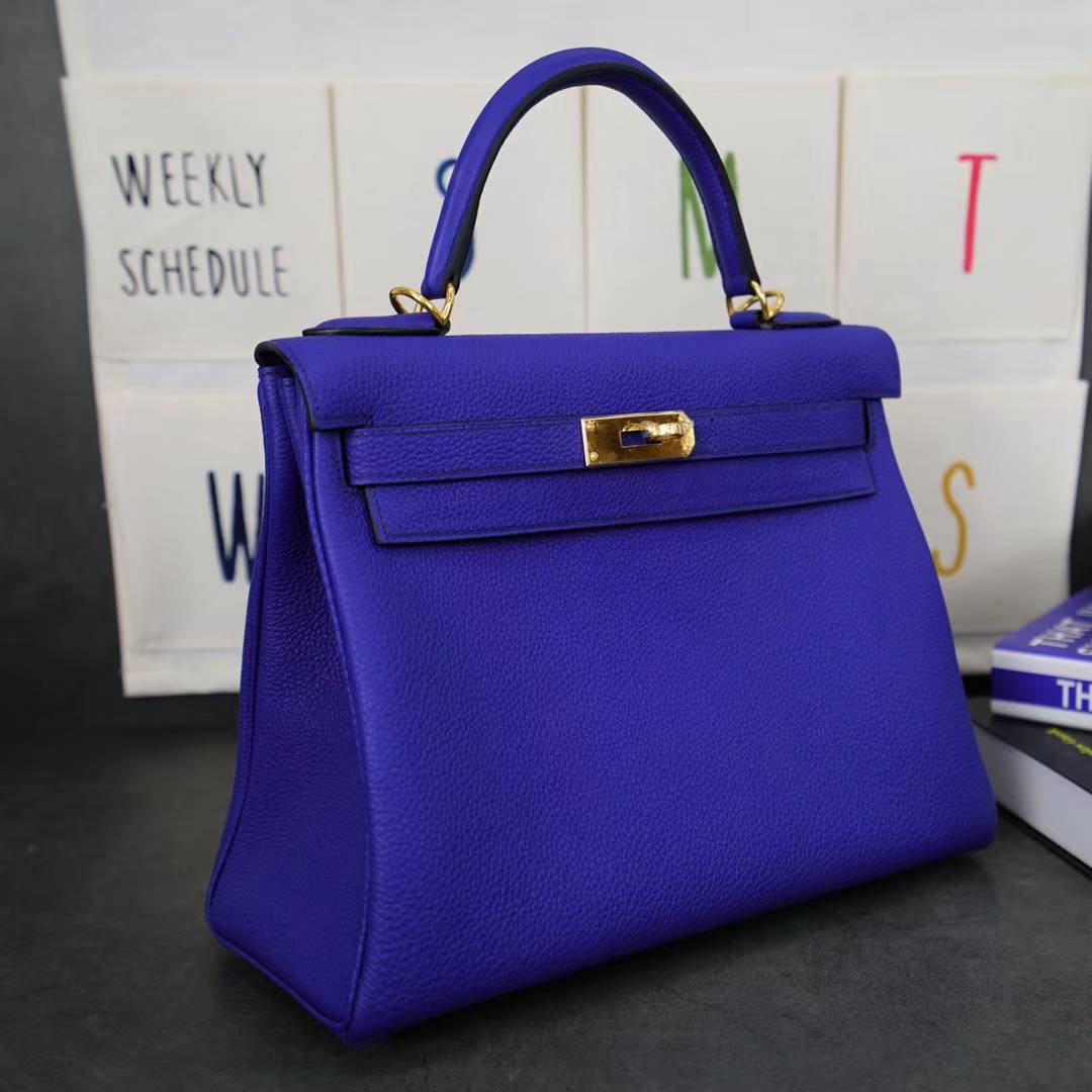爱马仕凯莉包价格 Hermes Kelly28CM 7T电光蓝顶级Togo牛皮 金扣