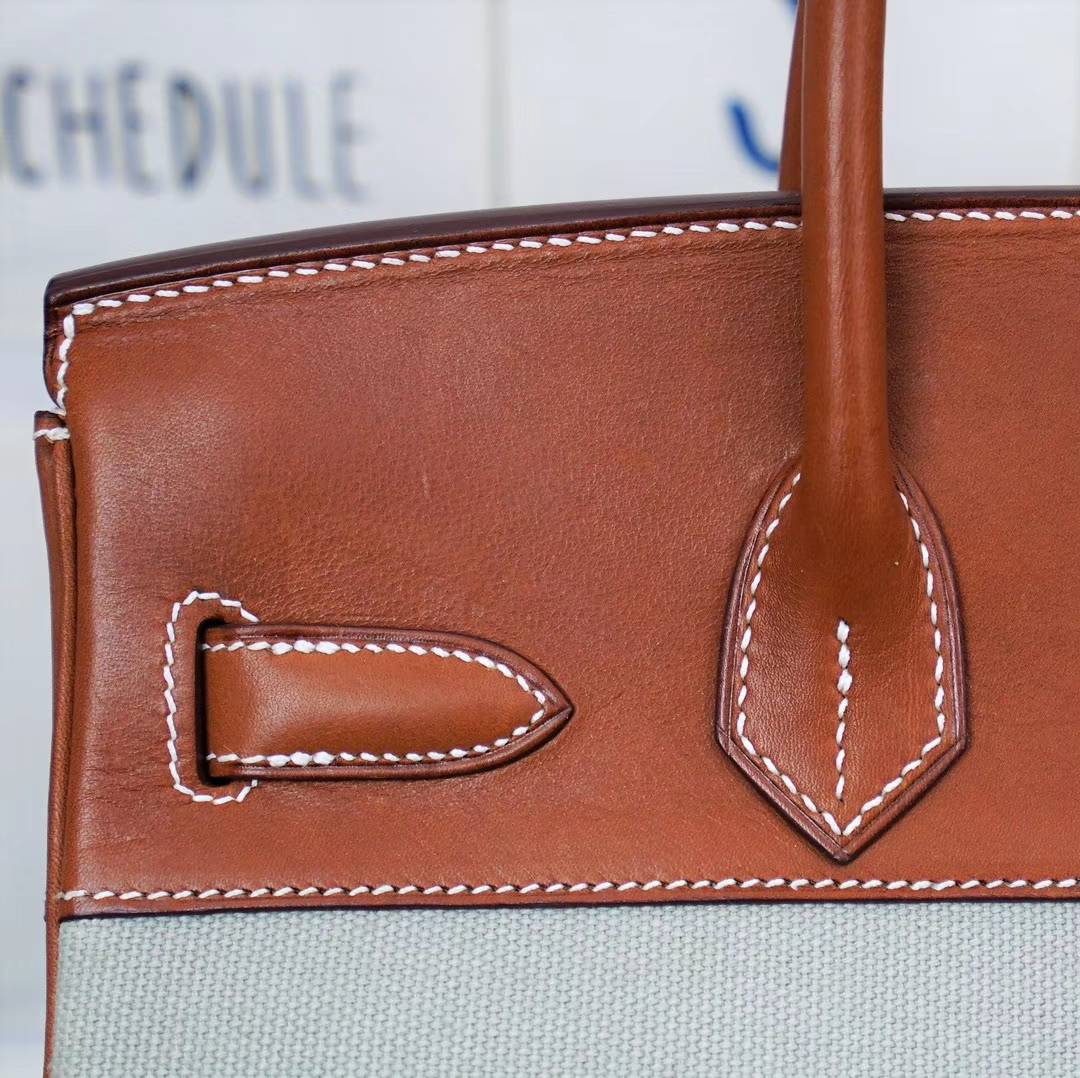 爱马仕Birkin30铂金包 Hermes金色马鞍皮拼灰色帆布Birkin女包 银扣