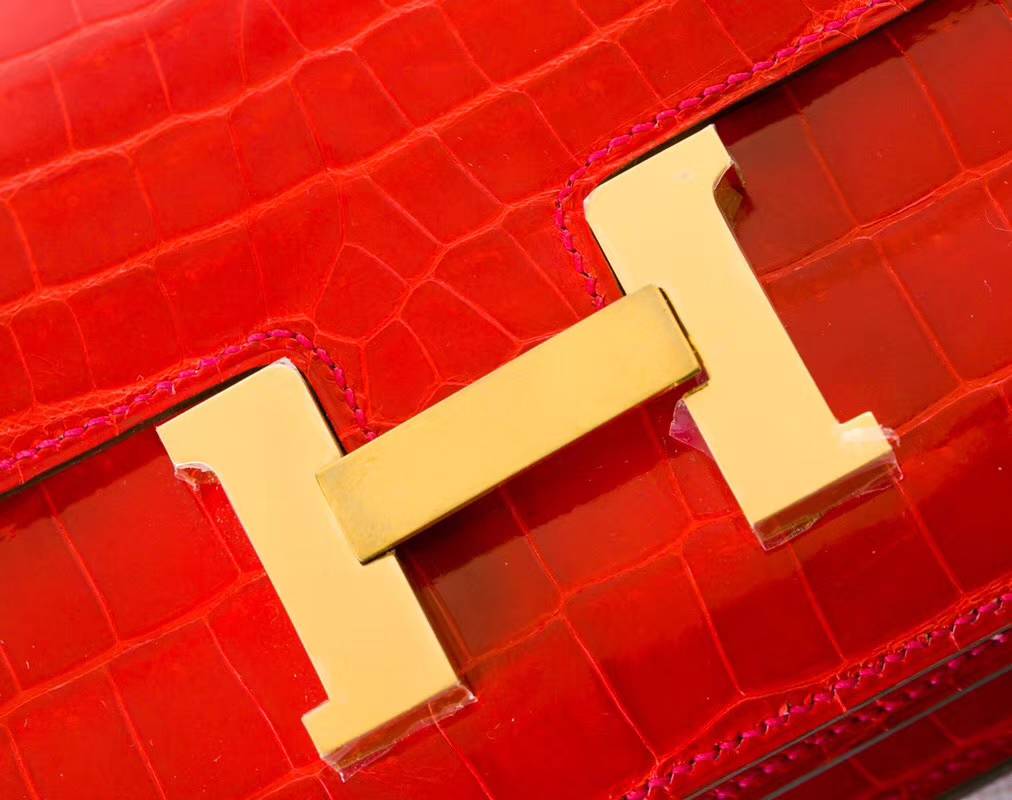 爱马仕康斯坦包 Hermes法拉利红亮面鳄鱼皮空姐包Constance26CM