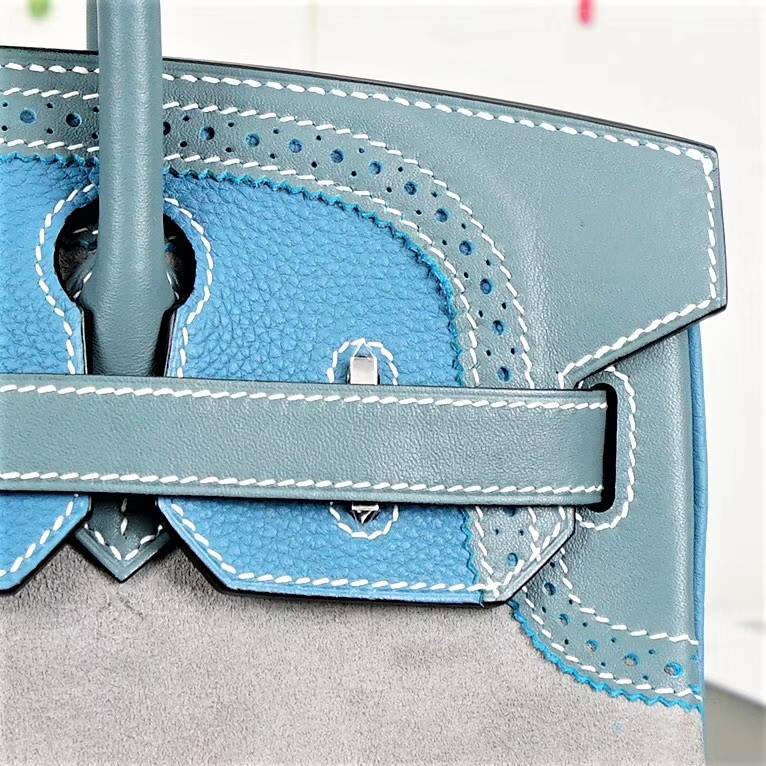Hermes Birkin30CM 爱马仕牛仔蓝Swift皮拼Togo皮拼锡器灰麂皮铂金包30cm