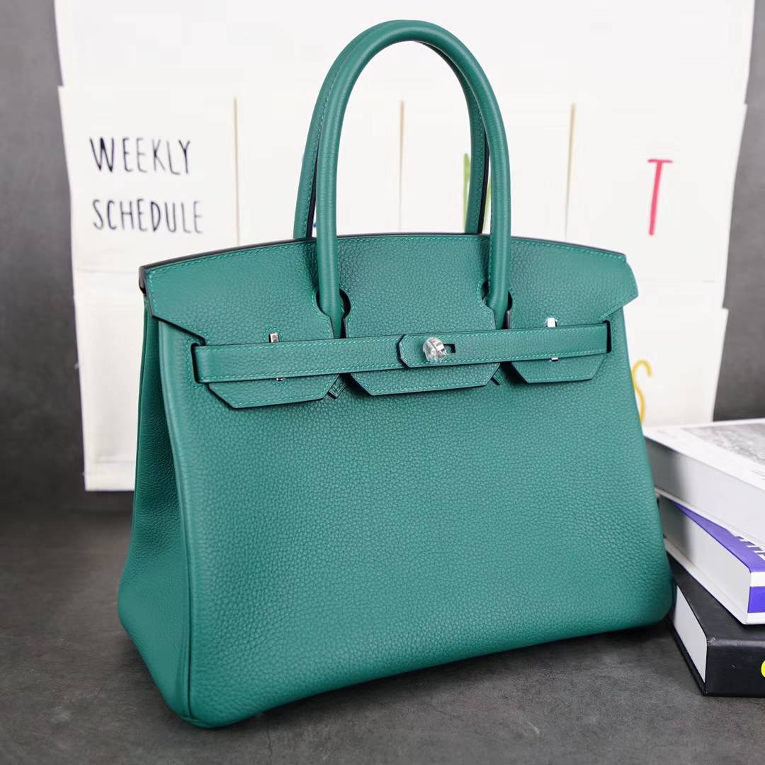 爱马仕Birkin包包 Hermes顶级Togo牛皮铂金包30CM Z6孔雀绿 金扣