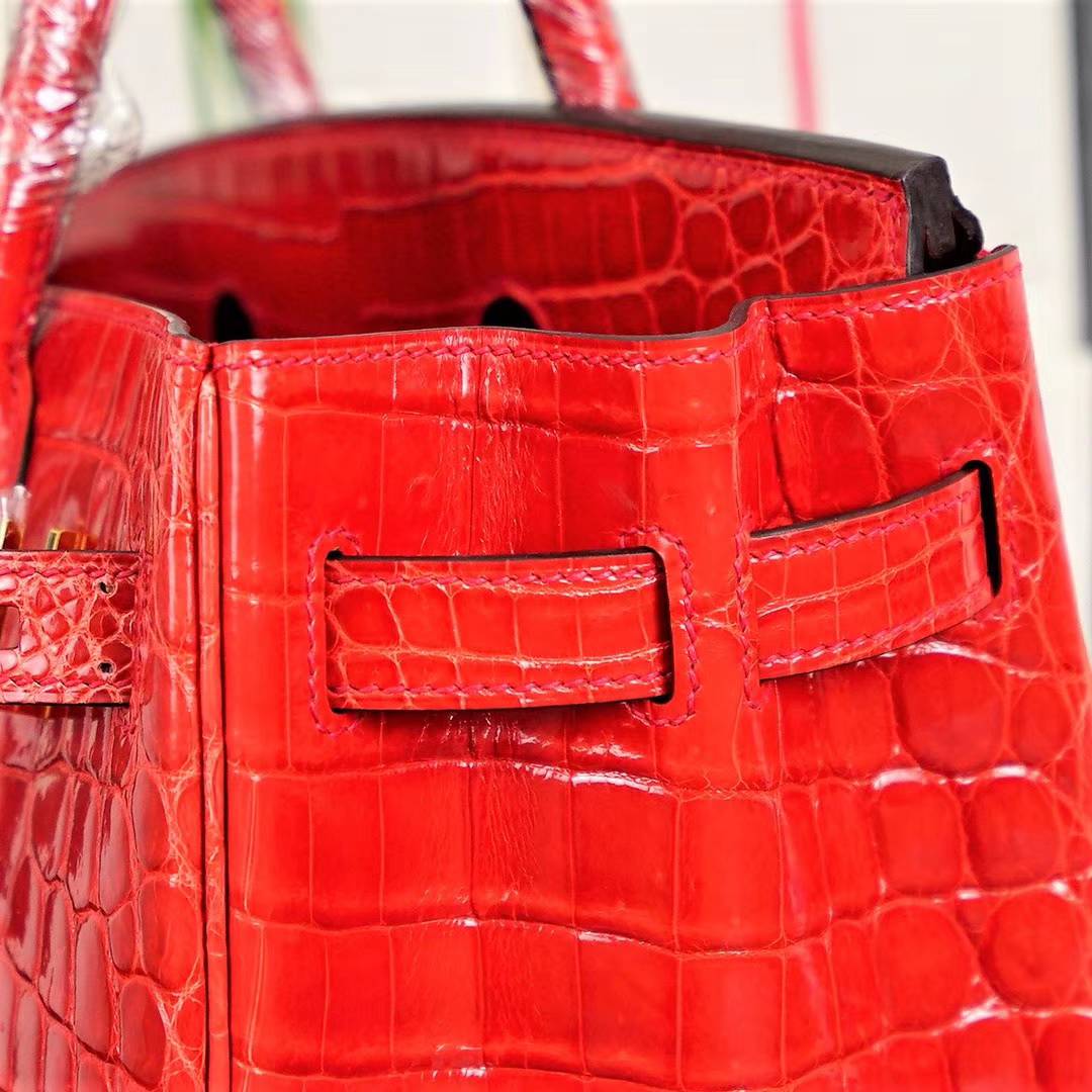 爱马仕铂金包尺寸 Hermes Birkin30CM 法拉利红亮面鳄鱼皮 金扣