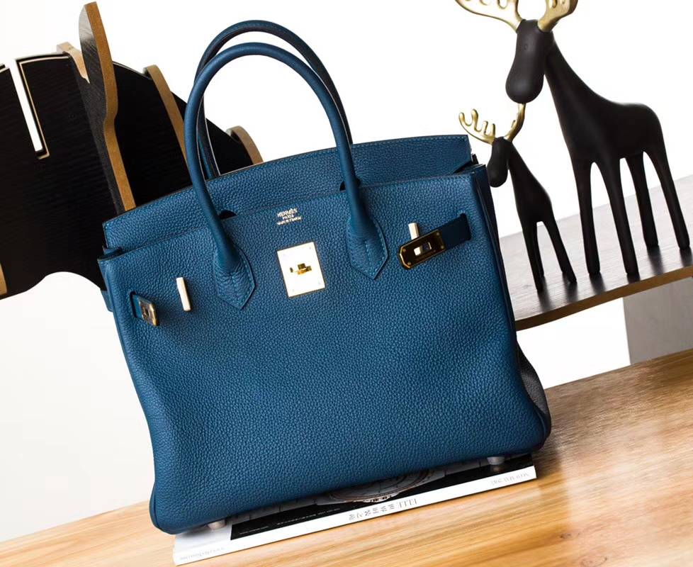 Hermes Birkin30CM 爱马仕加利西亚蓝顶级Togo牛皮铂金包 金扣
