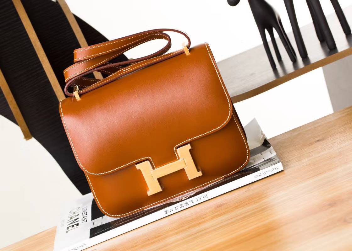 爱马仕康斯坦包 Hermes Constance19CM 金色顶级Box牛皮空姐包 金扣