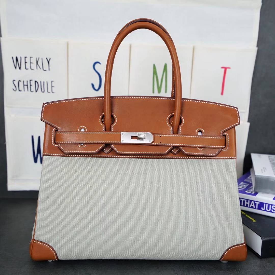 爱马仕Birkin30铂金包 Hermes金色马鞍皮拼灰色帆布Birkin女包 银扣