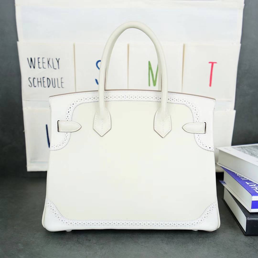 爱马仕铂金包蕾丝款 Hermes Birkin30CM 80珍珠灰原厂Swift牛皮 银扣
