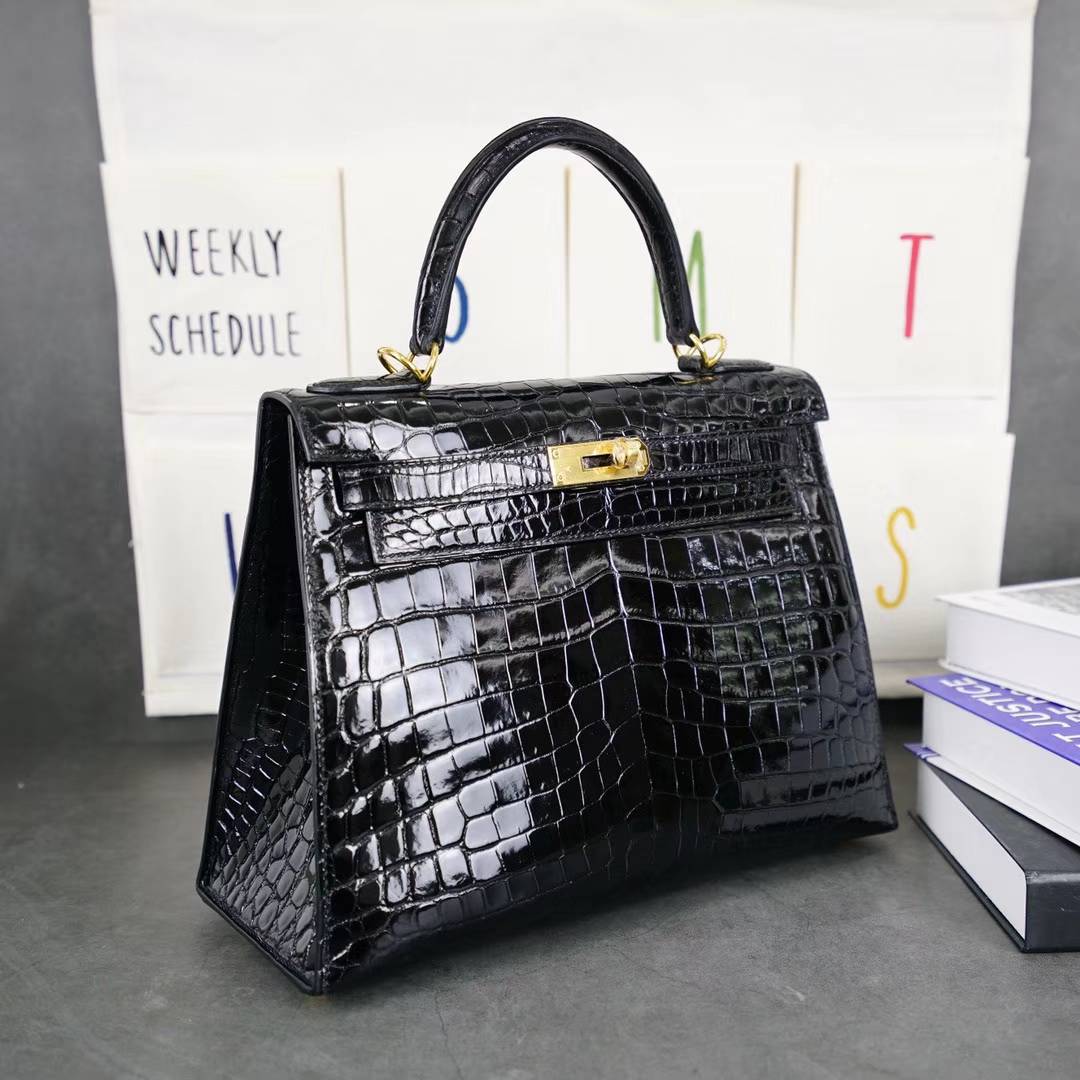 爱马仕凯莉包价格 Hermes黑色亮面鳄鱼皮Kelly28CM女包外缝 金扣