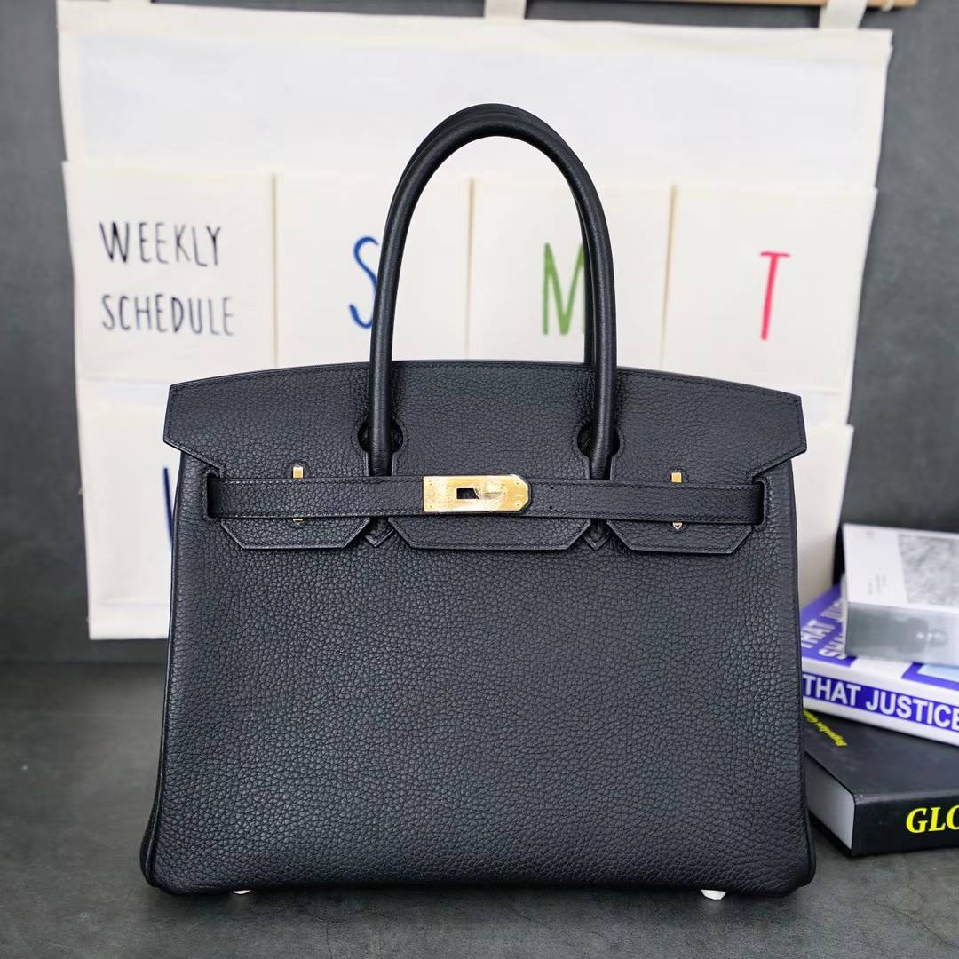 爱马仕铂金包尺寸 Hermes Birkin30CM 89黑色顶级Togo牛皮 金扣
