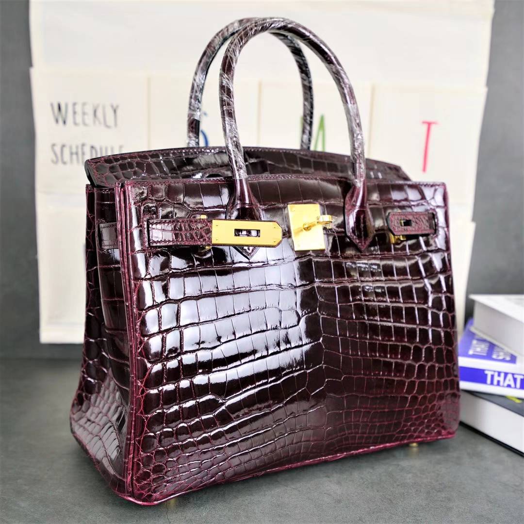 爱马仕Birkin女包 Hermes波尔多酒红亮面鳄鱼皮铂金包Birkin30CM 金扣