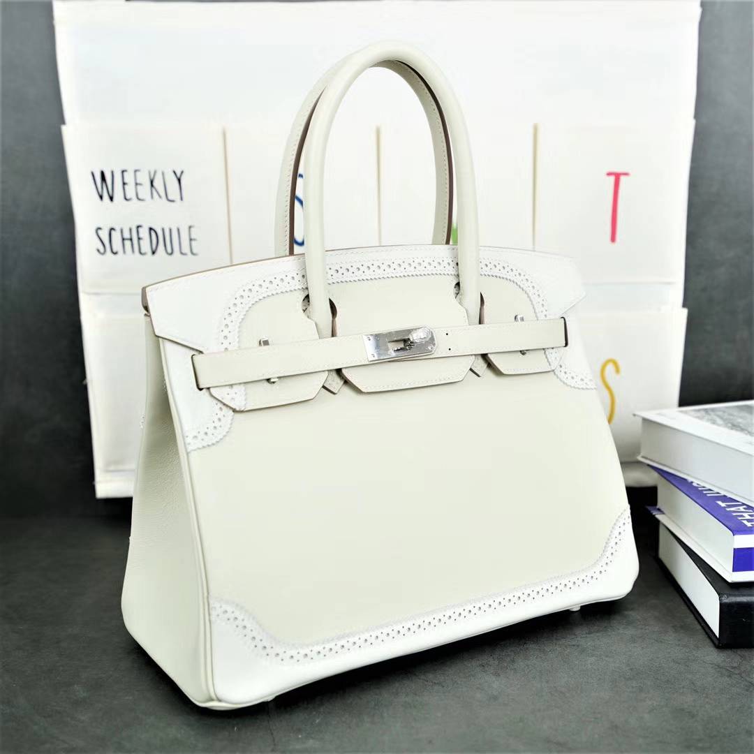 爱马仕铂金包蕾丝款 Hermes Birkin30CM 80珍珠灰原厂Swift牛皮 银扣