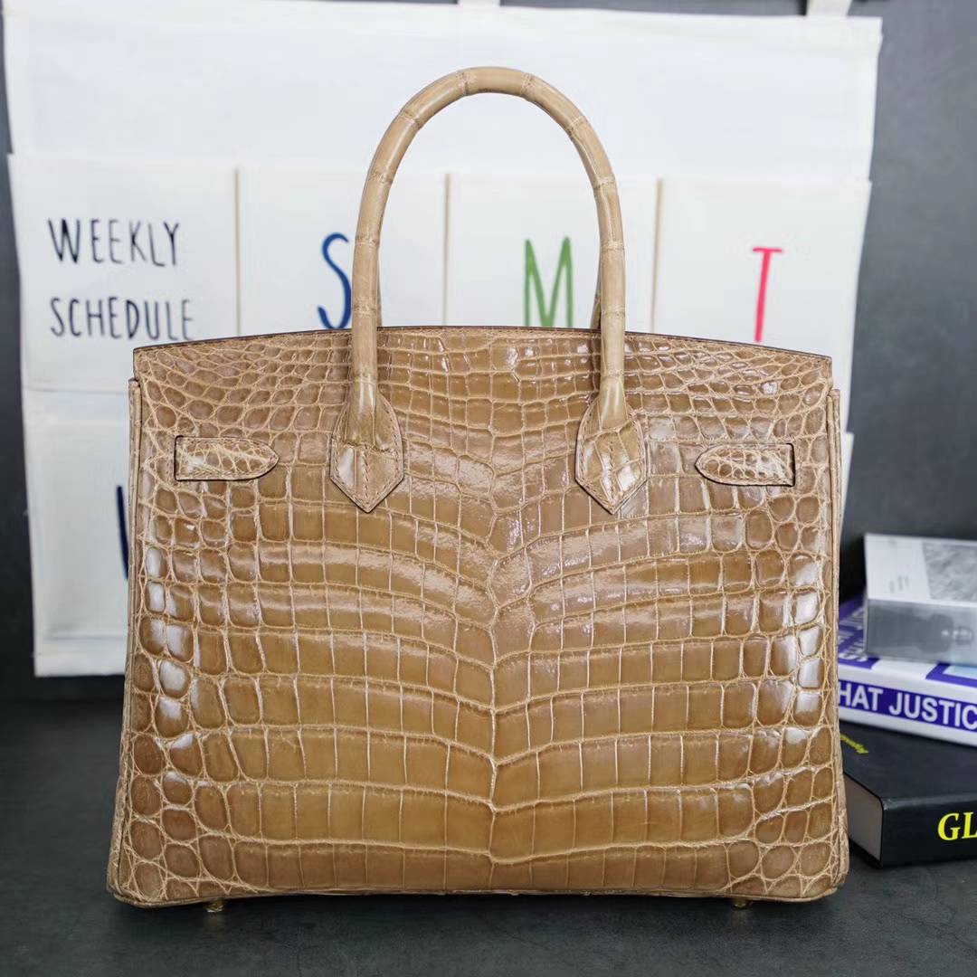 Hermes Birkin30CM 爱马仕卡其色亮面两点鳄鱼皮铂金包 金扣