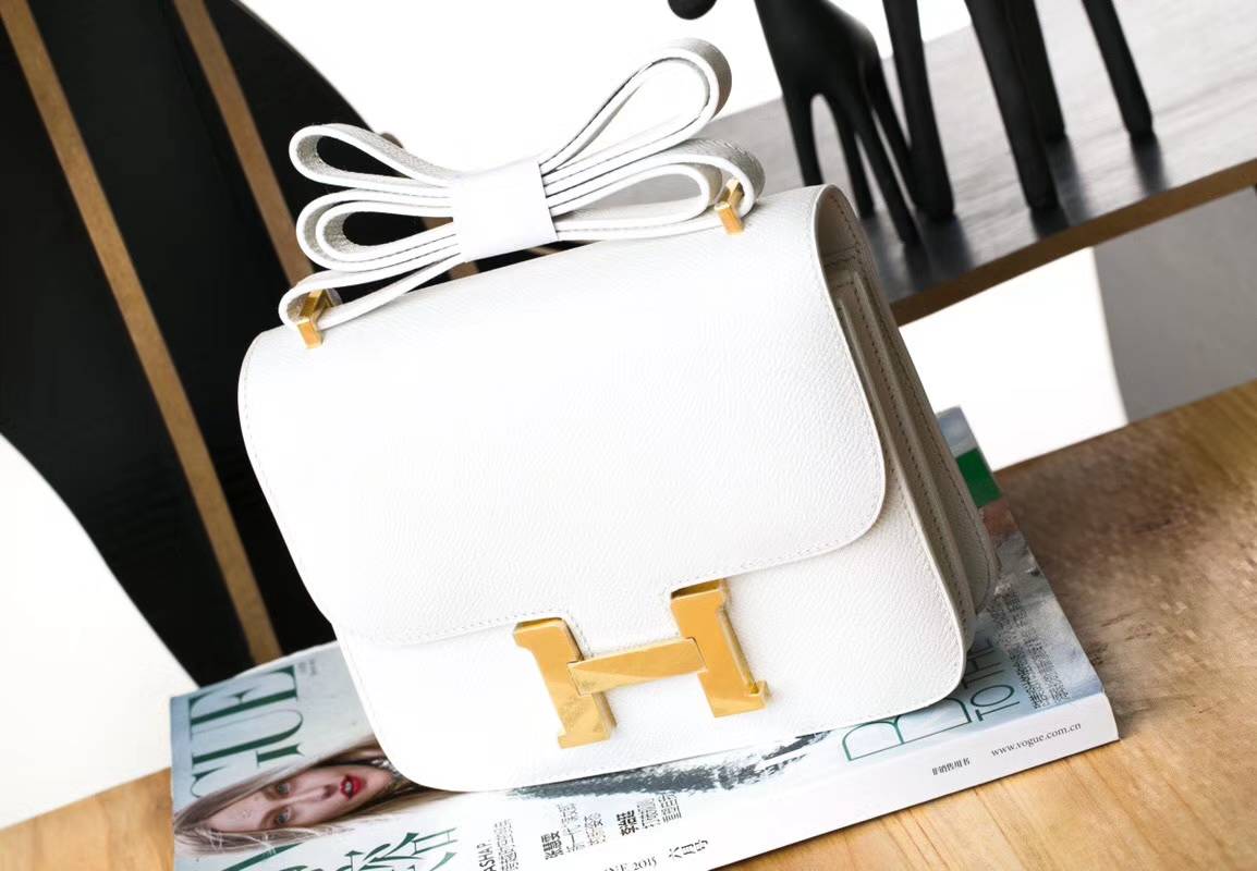 爱马仕空姐包尺寸 Hermes Constance24CM 白色原厂Epsom牛皮 金扣