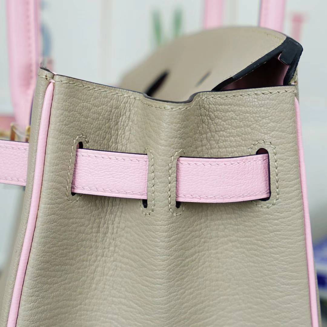 Hermes Birkin30CM 爱马仕CK81斑鸠灰拼3Q水粉色顶级山羊皮 拉丝金扣