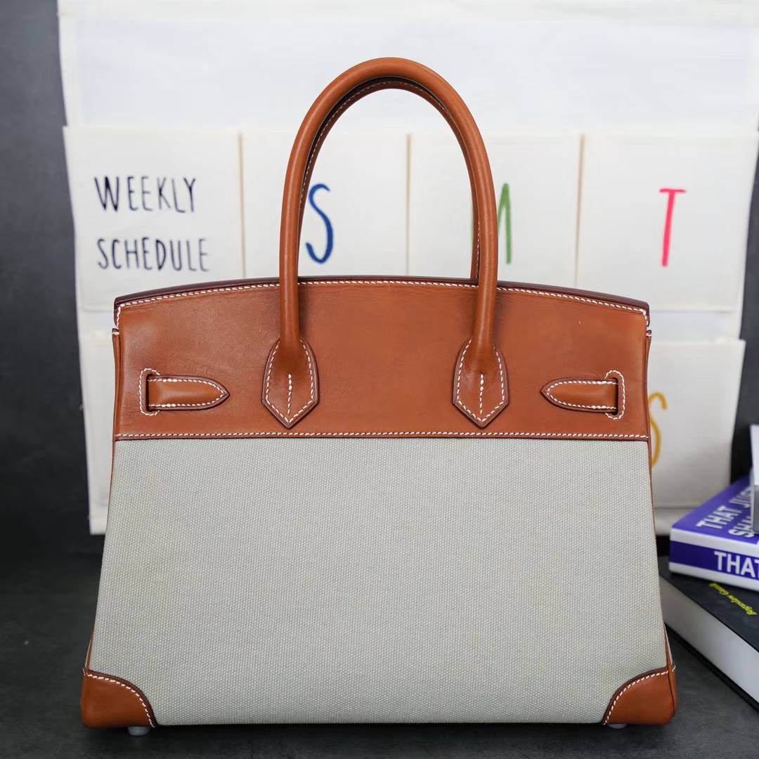 爱马仕Birkin30铂金包 Hermes金色马鞍皮拼灰色帆布Birkin女包 银扣