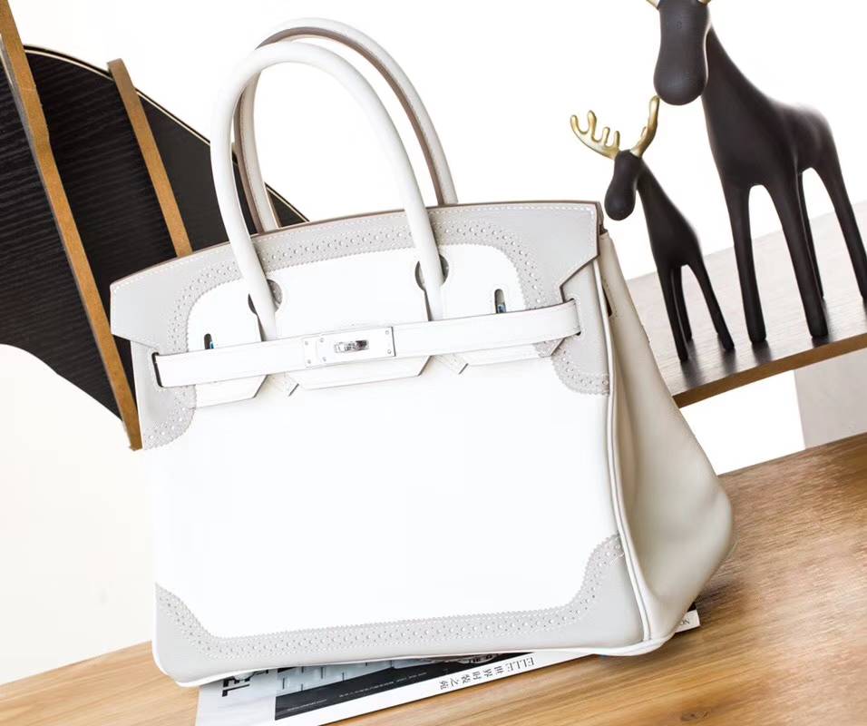爱马仕拼色铂金包 Hermes珍珠白拼珍珠灰顶级Swift牛皮Birkin30CM 银扣