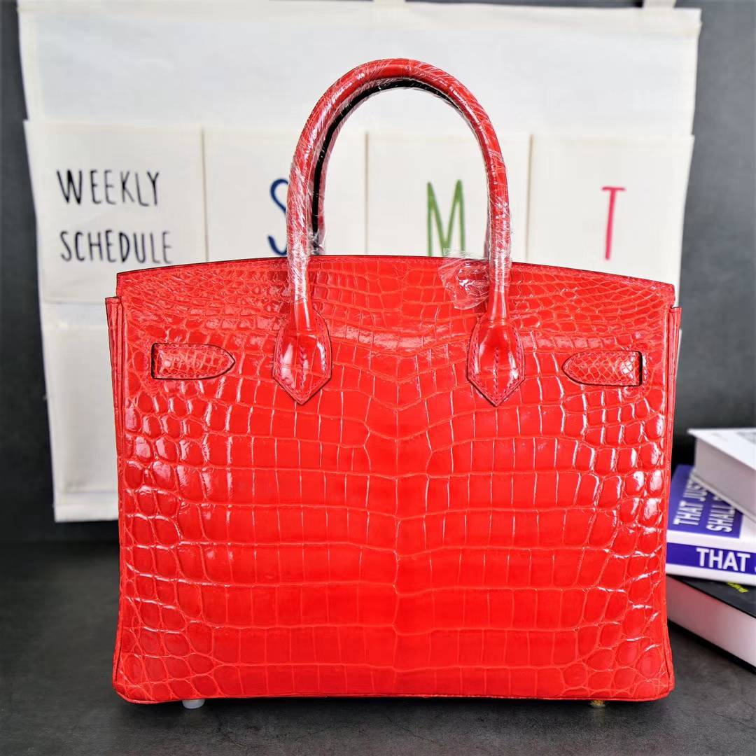 爱马仕铂金包尺寸 Hermes Birkin30CM 法拉利红亮面鳄鱼皮 金扣
