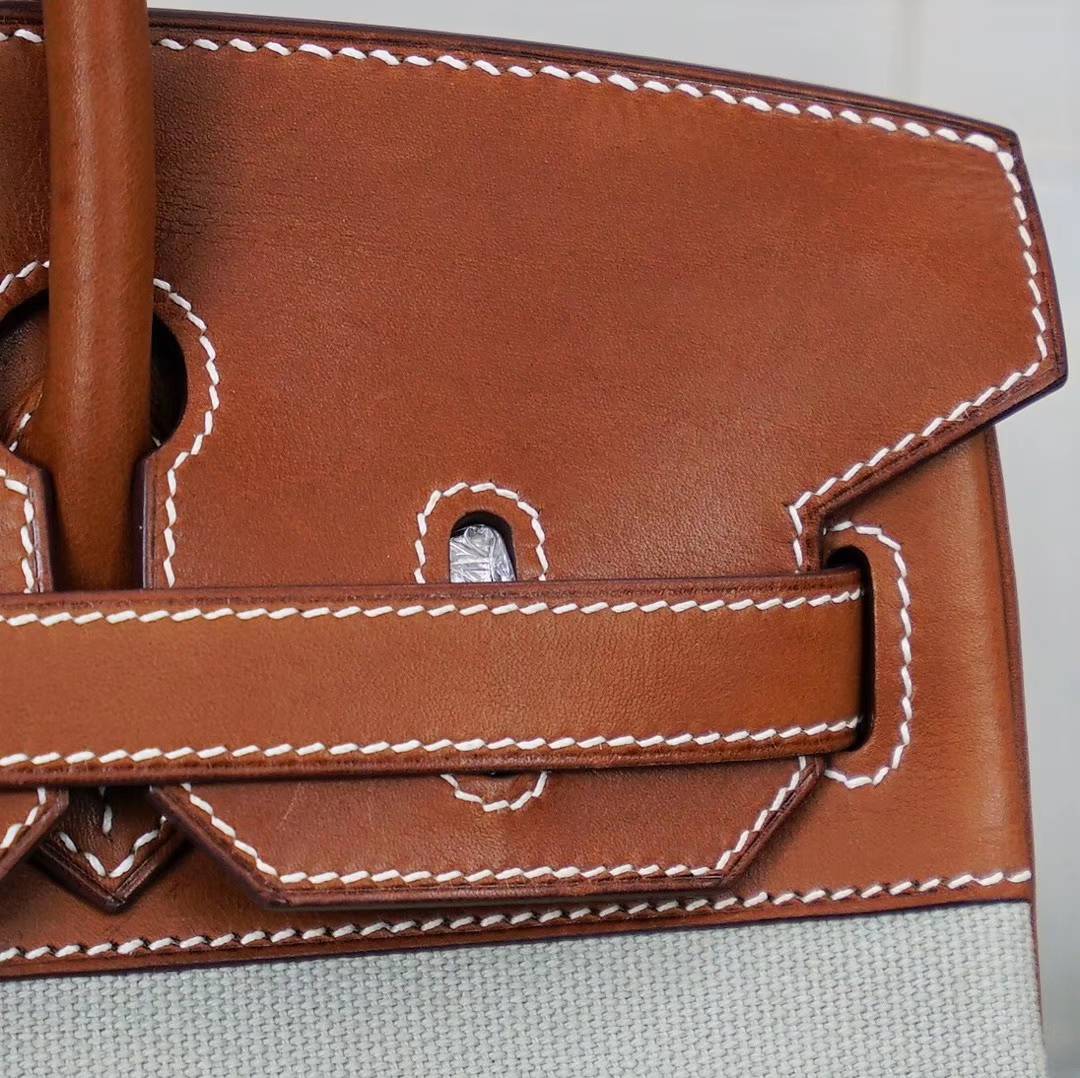 爱马仕Birkin30铂金包 Hermes金色马鞍皮拼灰色帆布Birkin女包 银扣