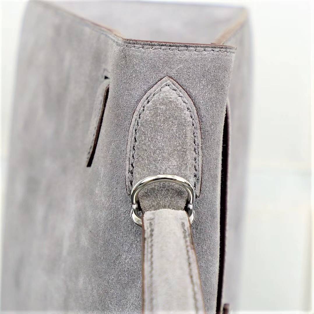 Hermes Kelly32CM 爱马仕8F锡器灰原厂顶级麂皮凯莉包 银扣