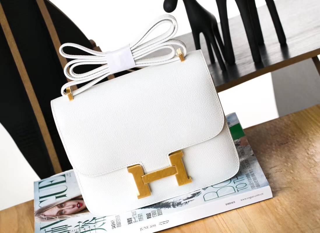 爱马仕空姐包尺寸 Hermes Constance24CM 白色原厂Epsom牛皮 金扣