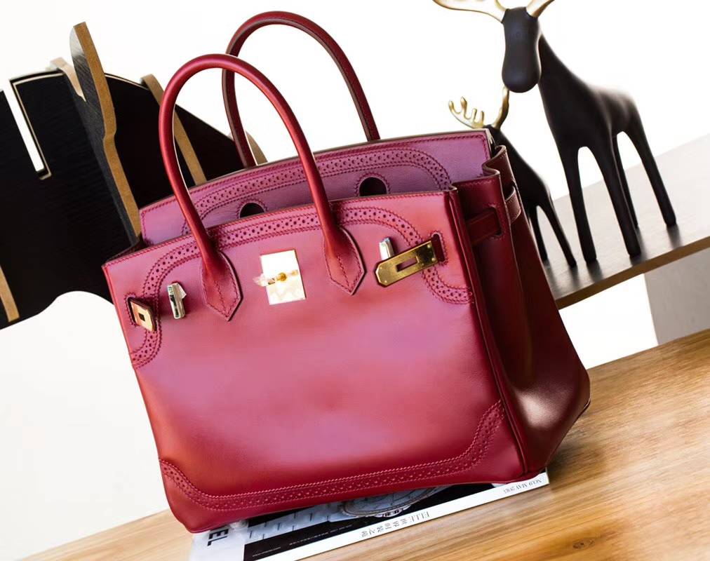 爱马仕蕾丝款铂金包 Hermes宝石红顶级Box牛皮Birkin30CM 金扣