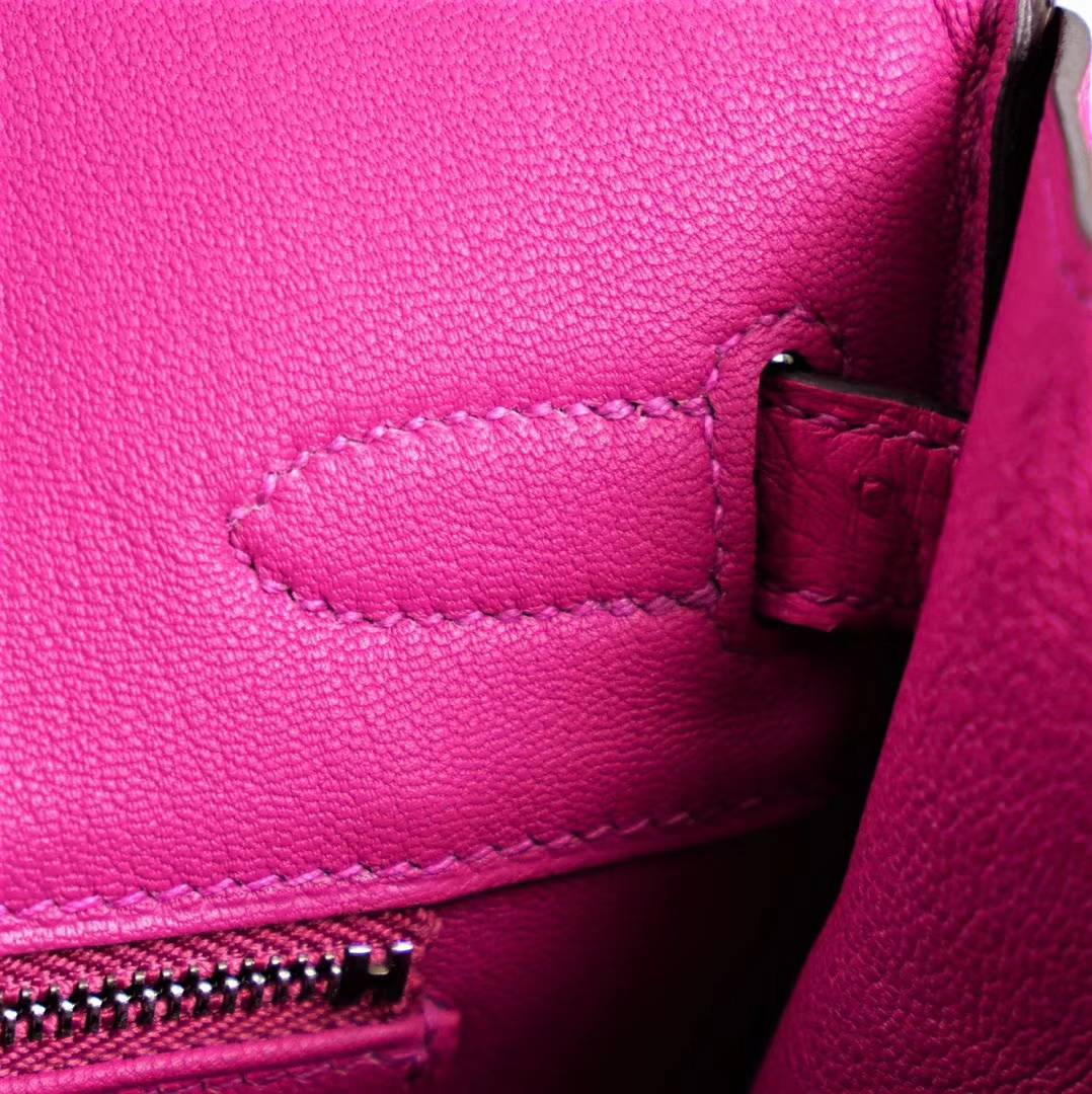 Hermes Birkin30CM 爱马仕鸽子灰拼桃红拼蓝色顶级鸵鸟皮铂金包 银扣