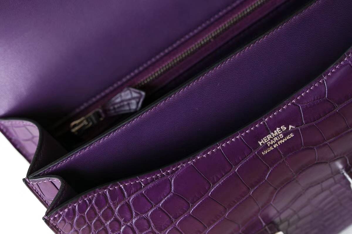 Hermes Constance24CM 爱马仕梦幻紫雾面点鳄鱼皮康斯坦空姐包 银扣