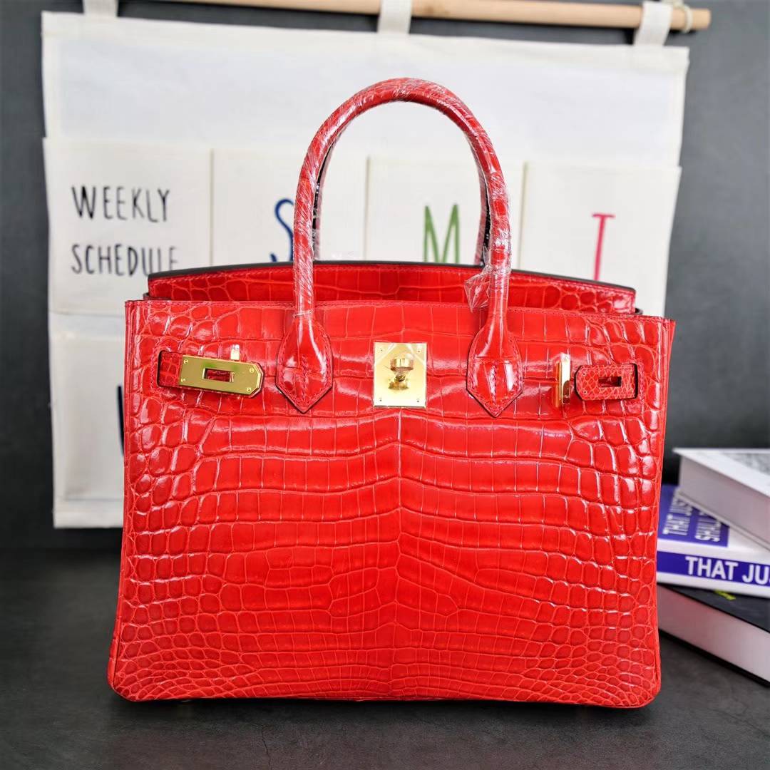 爱马仕铂金包尺寸 Hermes Birkin30CM 法拉利红亮面鳄鱼皮 金扣