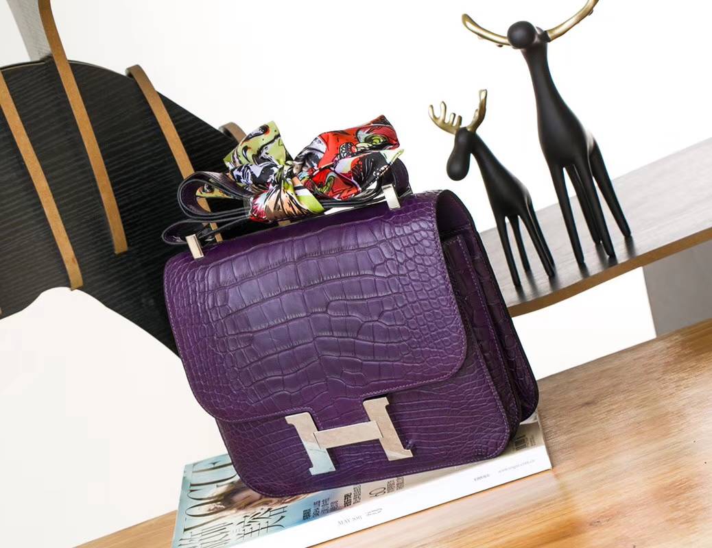 Hermes Constance24CM 爱马仕梦幻紫雾面点鳄鱼皮康斯坦空姐包 银扣