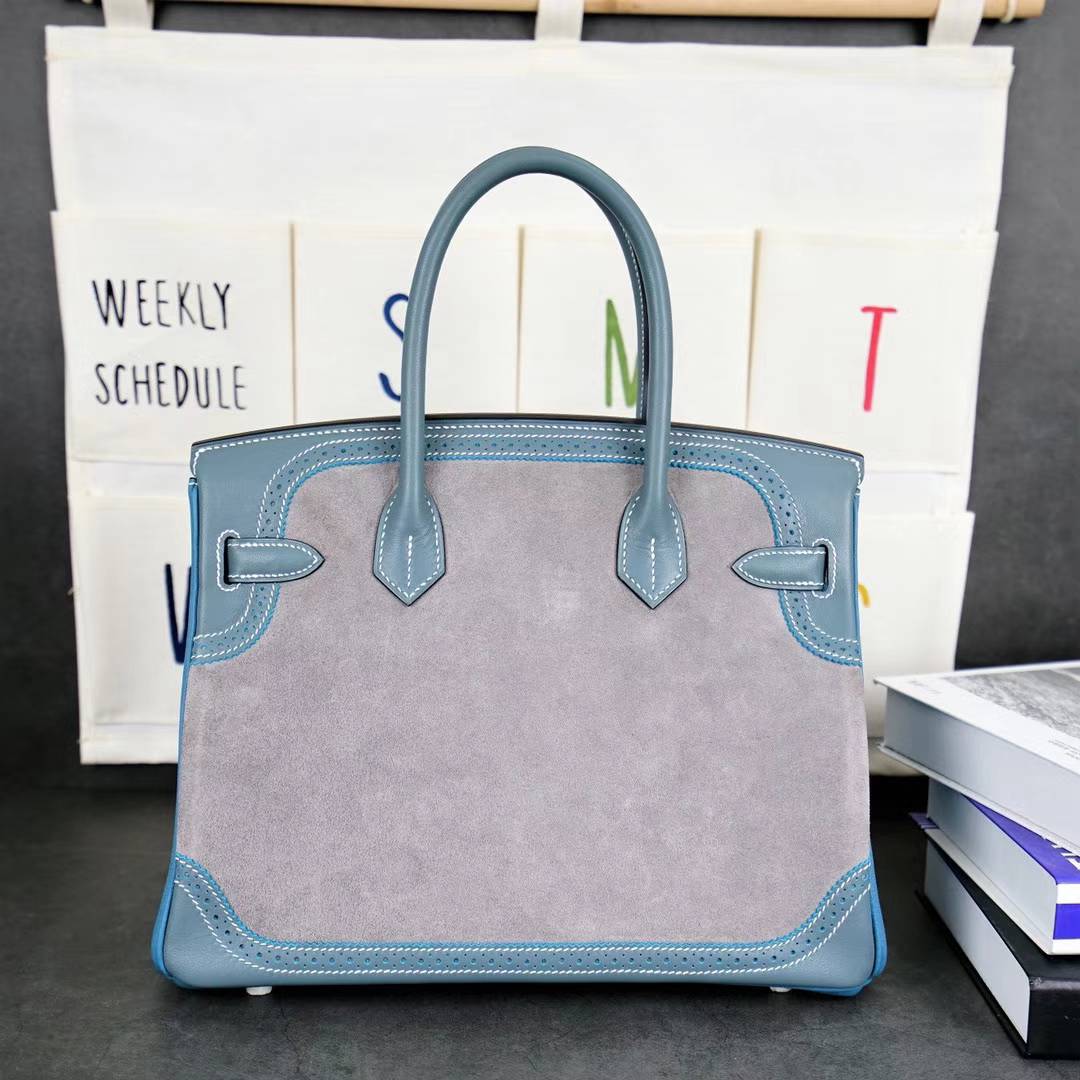 Hermes Birkin30CM 爱马仕牛仔蓝Swift皮拼Togo皮拼锡器灰麂皮铂金包30cm