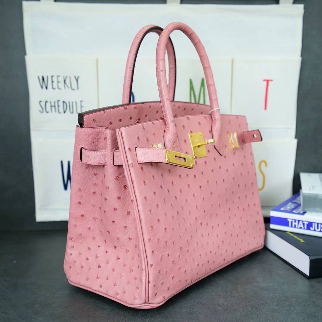 Hermes包包官网 爱马仕陶瓷粉原厂顶级鸵鸟皮铂金包Birkin30CM 金扣