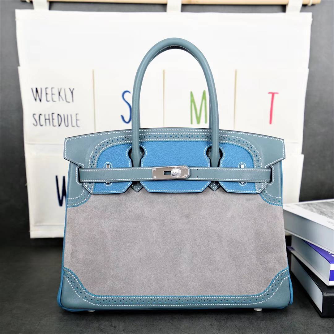 Hermes Birkin30CM 爱马仕牛仔蓝Swift皮拼Togo皮拼锡器灰麂皮铂金包30cm