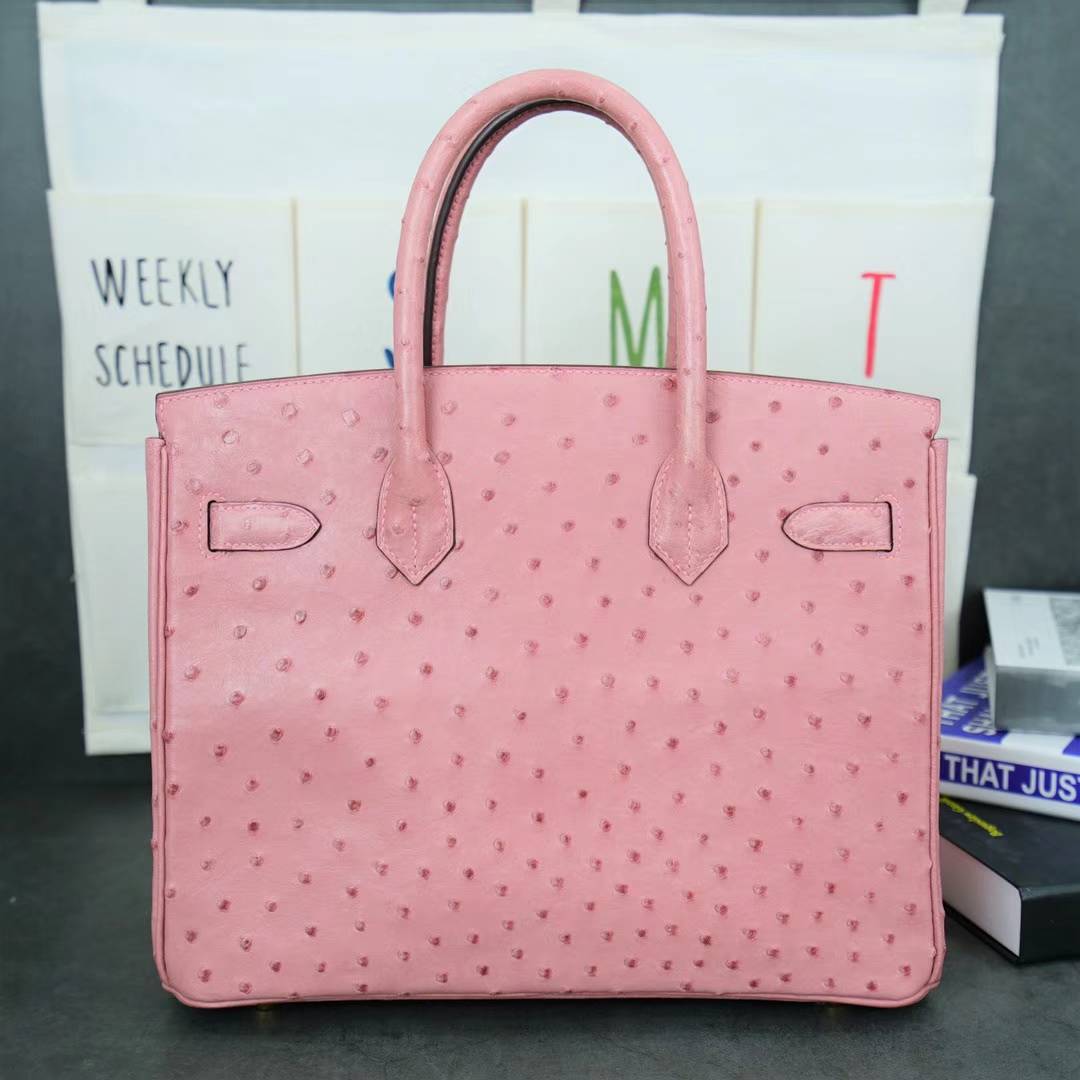 Hermes包包官网 爱马仕陶瓷粉原厂顶级鸵鸟皮铂金包Birkin30CM 金扣