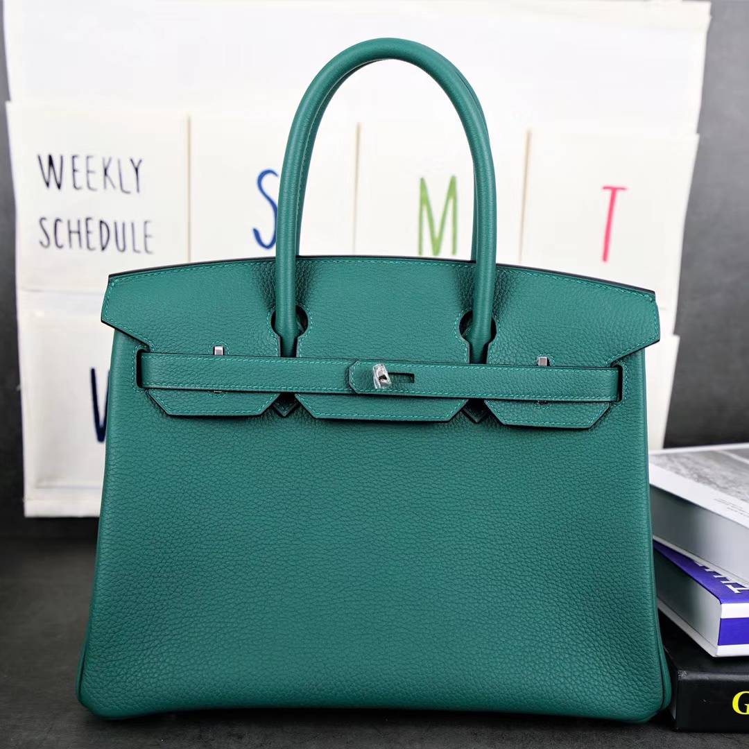 爱马仕Birkin包包 Hermes顶级Togo牛皮铂金包30CM Z6孔雀绿 金扣