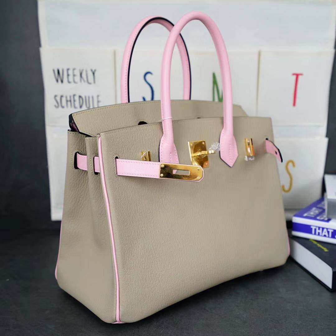 Hermes Birkin30CM 爱马仕CK81斑鸠灰拼3Q水粉色顶级山羊皮 拉丝金扣