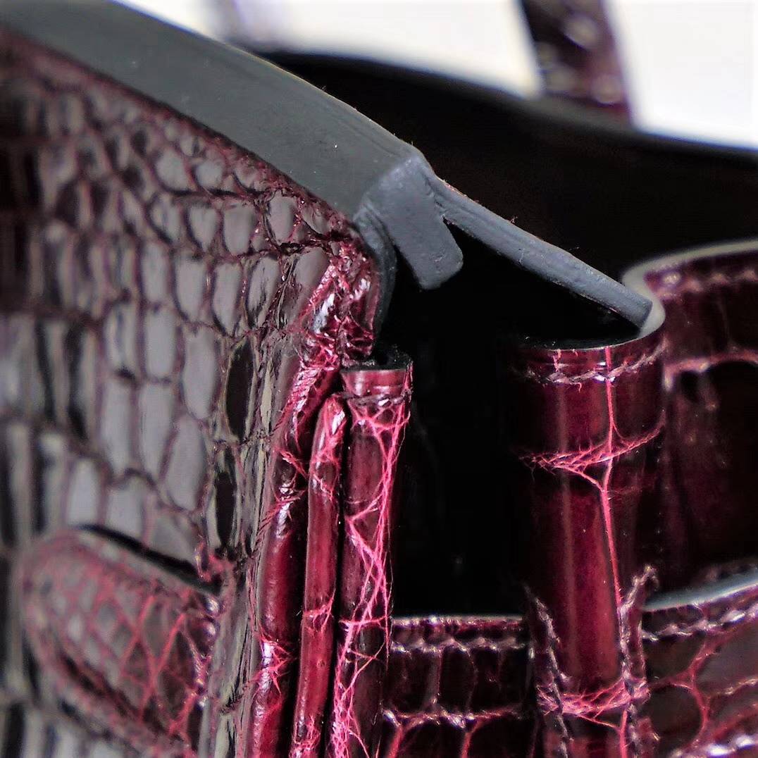 爱马仕Birkin女包 Hermes波尔多酒红亮面鳄鱼皮铂金包Birkin30CM 金扣