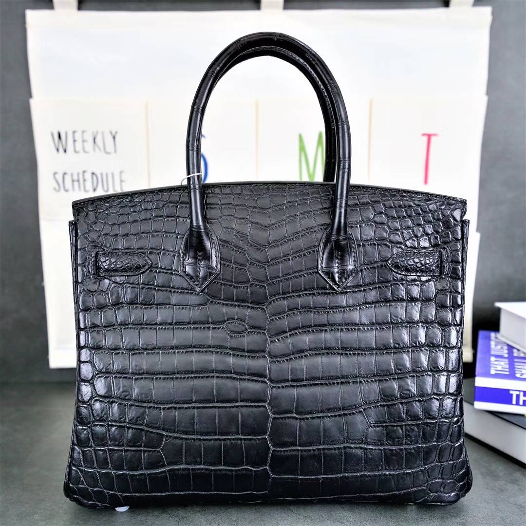 爱马仕铂金包尺寸 Hermes Birkin30CM 黑色雾面鳄鱼皮 银扣