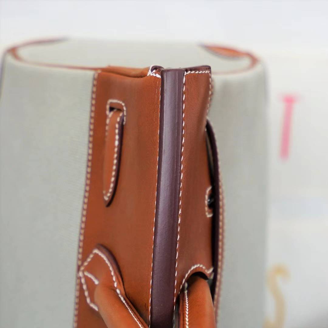 爱马仕Birkin30铂金包 Hermes金色马鞍皮拼灰色帆布Birkin女包 银扣