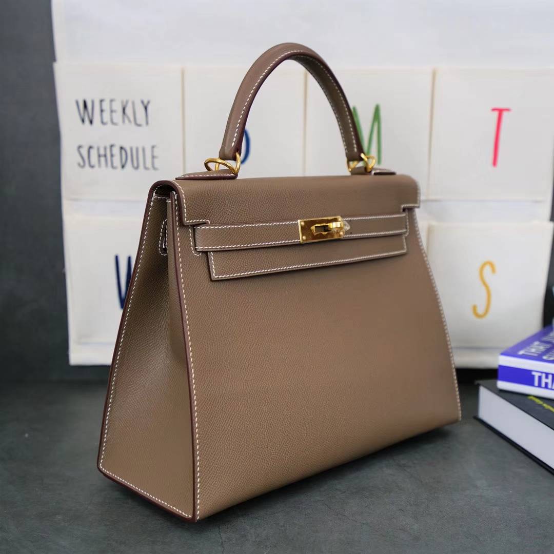 爱马仕凯莉包尺寸 Hermes Kelly28CM CK18大象灰原厂Epsom牛皮 金扣