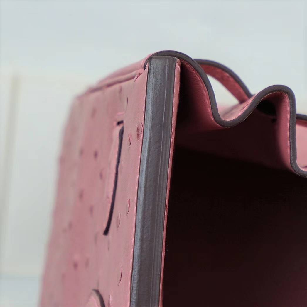 Hermes包包官网 爱马仕陶瓷粉原厂顶级鸵鸟皮铂金包Birkin30CM 金扣