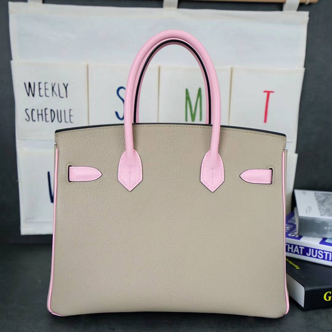 Hermes Birkin30CM 爱马仕CK81斑鸠灰拼3Q水粉色顶级山羊皮 拉丝金扣