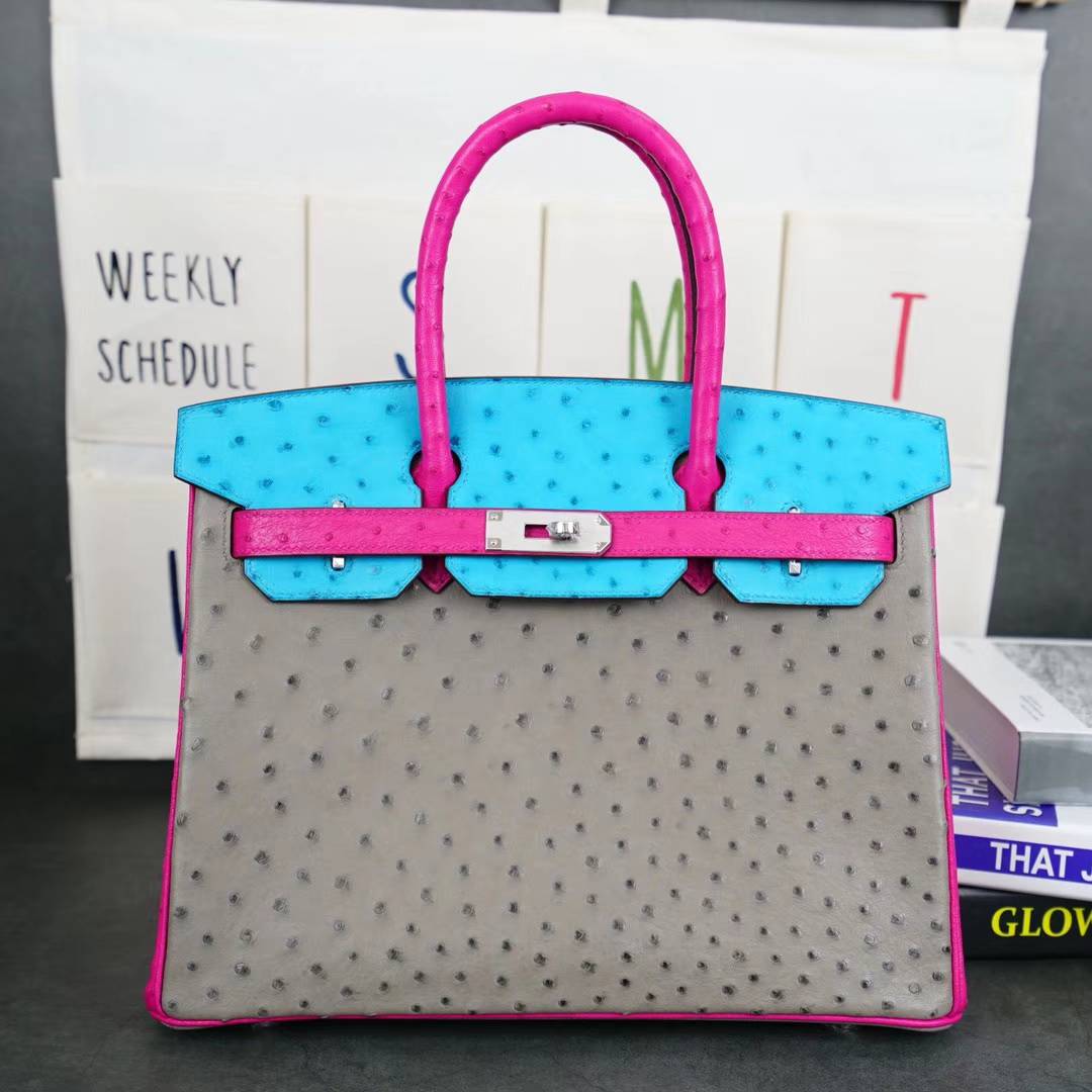 Hermes Birkin30CM 爱马仕鸽子灰拼桃红拼蓝色顶级鸵鸟皮铂金包 银扣