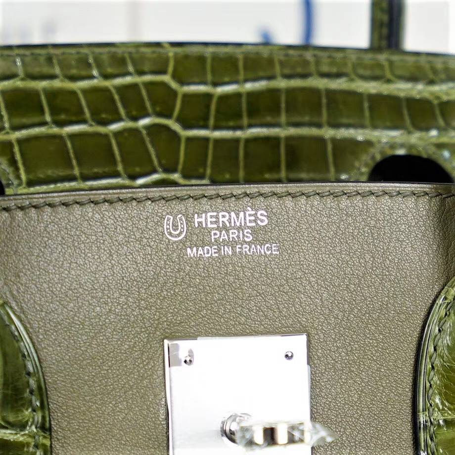 爱马仕Birkin包包 Hermes丛林绿亮面鳄鱼皮拼橄榄绿Swift牛皮铂金包30CM 银扣
